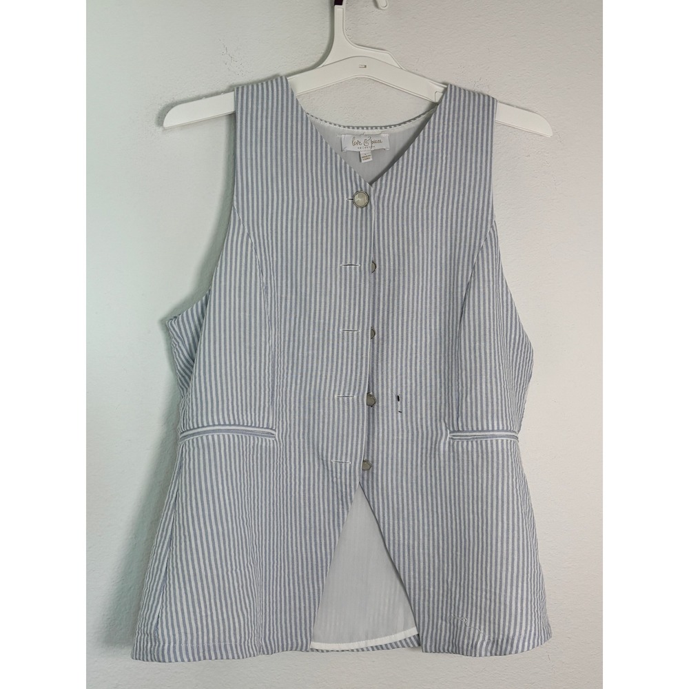 Love & Piece Collective Blue White Seersucker Striped Vest Button Front Large